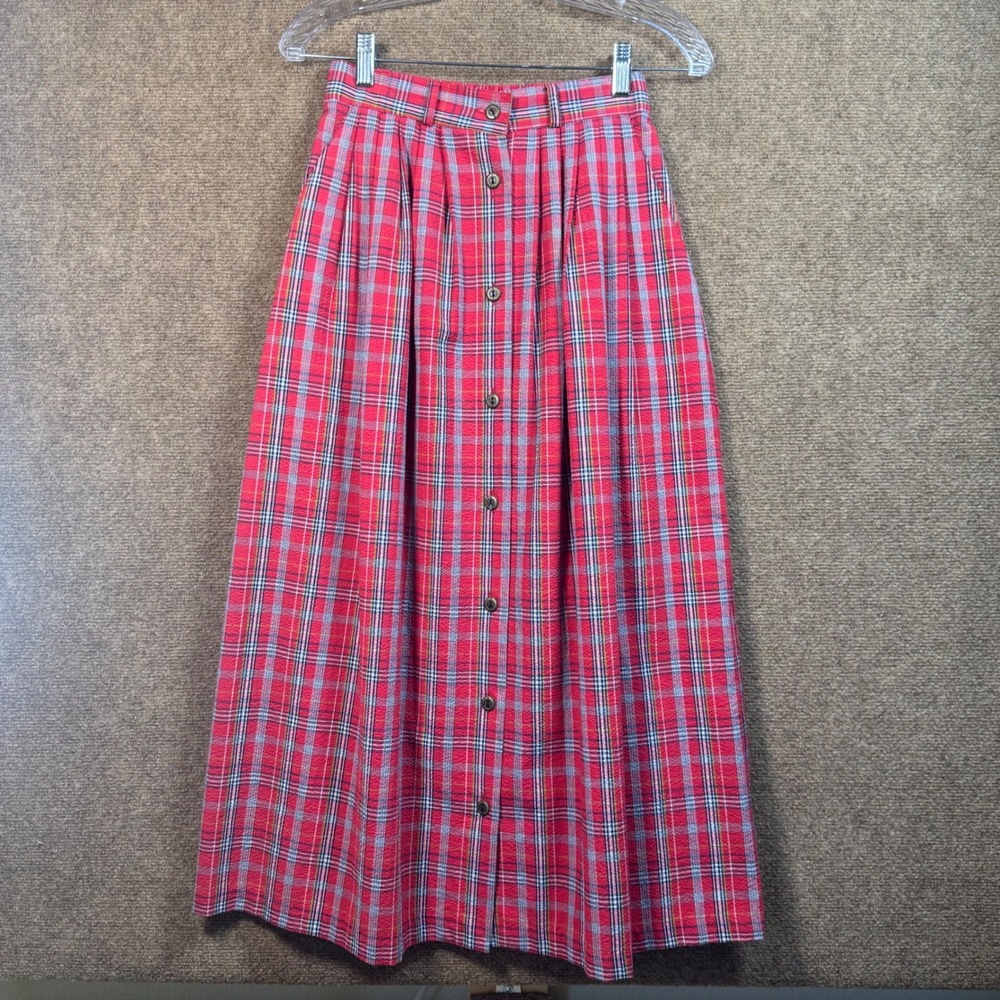 Vintage Koret City Blues Red Plaid Button Front Maxi Skirt Size Small Womens S